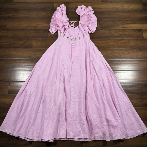 Fanm Mon Women's Size Small Pink Embroidered Ruffle Sleeve Demre Maxi Dress - Picture 7 of 11